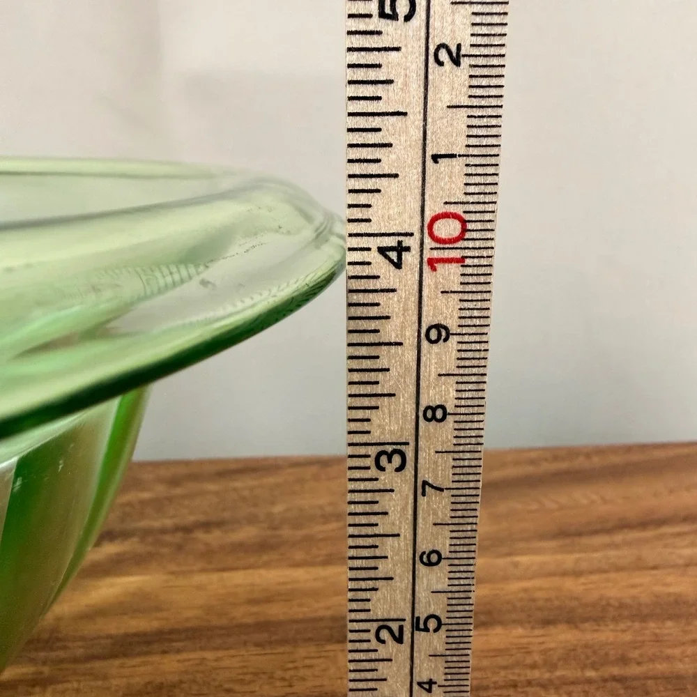 Hazel Atlas Green Uranium Glass Ribbed Footed Mixing Bowl Vtg Depression 9.5